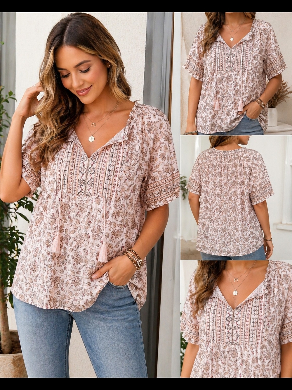 Lucky Brand Dusty Rose Floral Peasant Blouse Cotton Top